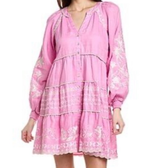 Hale Bob Pink Long Sleeve Linen Blend Dress embroidered Size XL - Picture 2 of 16